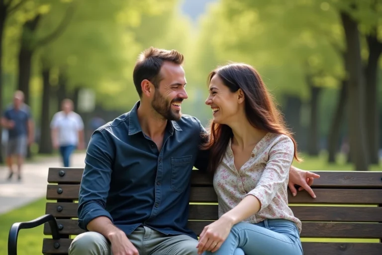 Couple heureux assis sur un banc dans un parc urbain partageant un moment de complicité et de rire authentique