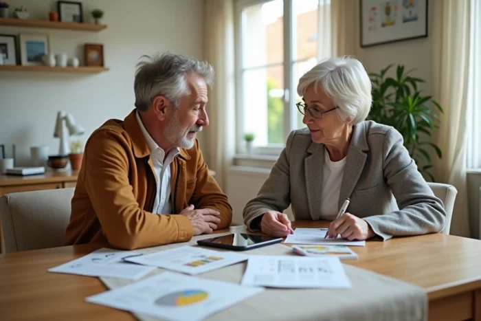 Couple français comparant les avantages et inconvénients des banques avec des brochures et une tablette