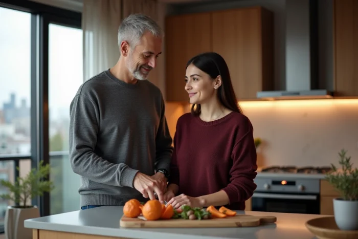 Couple complice préparant un repas ensemble dans une cuisine moderne et chaleureuse, ambiance domestique authentique