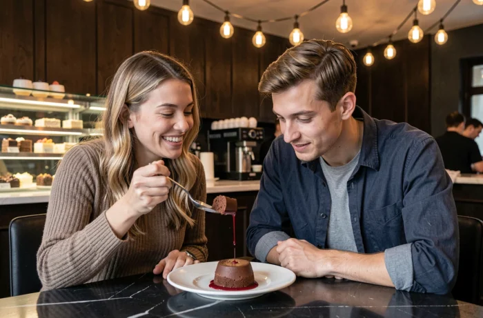 Couple partageant une dégustation de desserts gourmands dans un bar à desserts tendance et moderne