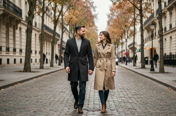 Couple marchant discrètement dans une rue parisienne, illustrant la protection de la vie privée dans un couple exposé médiatiquement