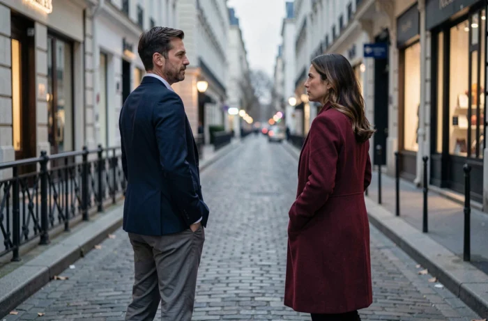 Couple debout séparément dans une rue parisienne, regard vers des directions opposées, symbolisant une rupture ou une distance émotionnelle