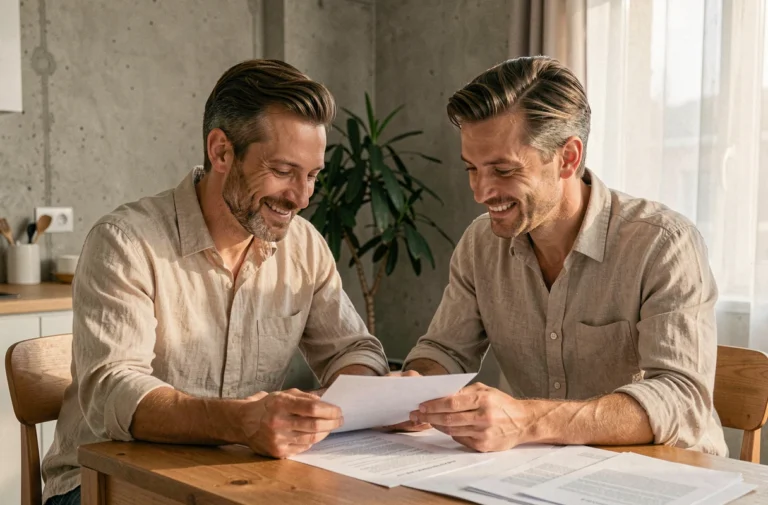 Couple en train d'étudier des documents de crédit immobilier à leur table de cuisine dans un appartement moderne