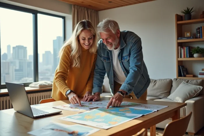 Couple préparant un itinéraire de voyage sur mesure autour d'une table couverte de brochures et d'une carte numérique
