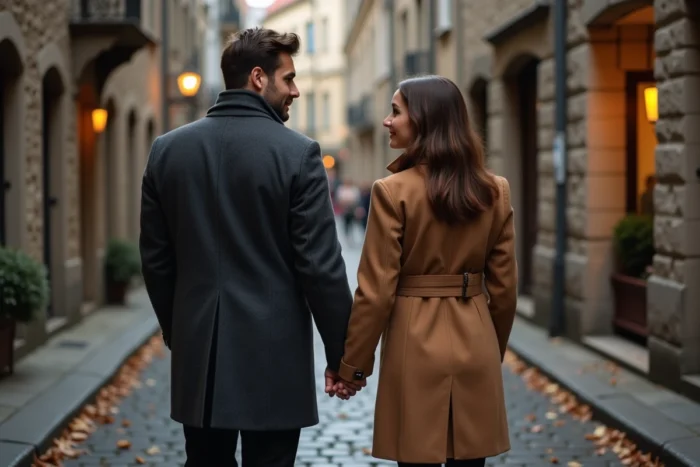 Couple main dans la main se promenant sur une rue pavée en automne, regard tendre et complicité amoureuse