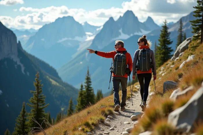 Couple de randonneurs explorant un sentier de montagne lors d'un voyage aventure personnalisé