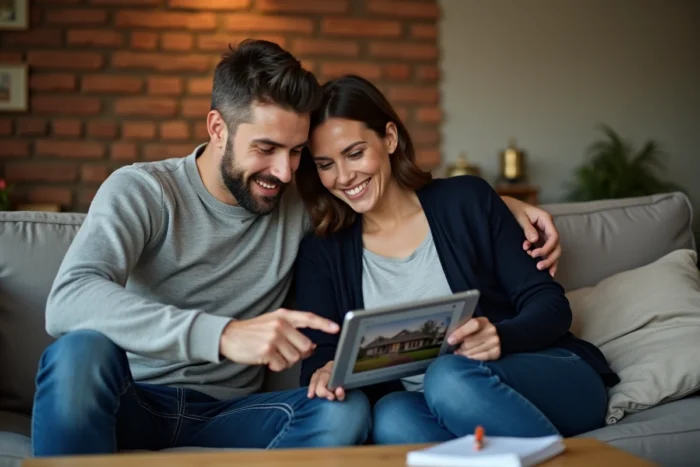 Couple recherchant un bien immobilier ensemble sur une tablette dans leur salon