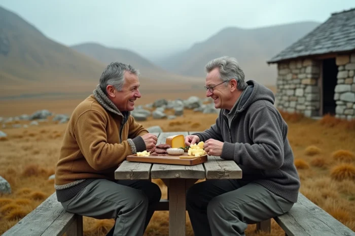 Couple partageant un repas rustique devant un refuge de berger dans le Massif Central en automne