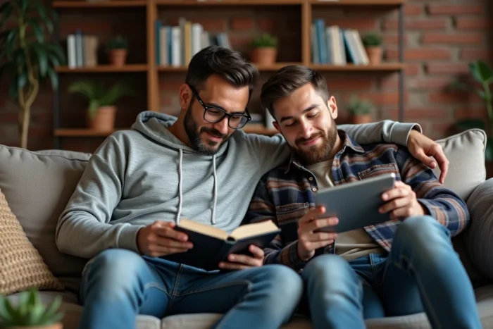 Deux hommes détendus dans leur salon cosy lisant et utilisant une tablette sur un canapé
