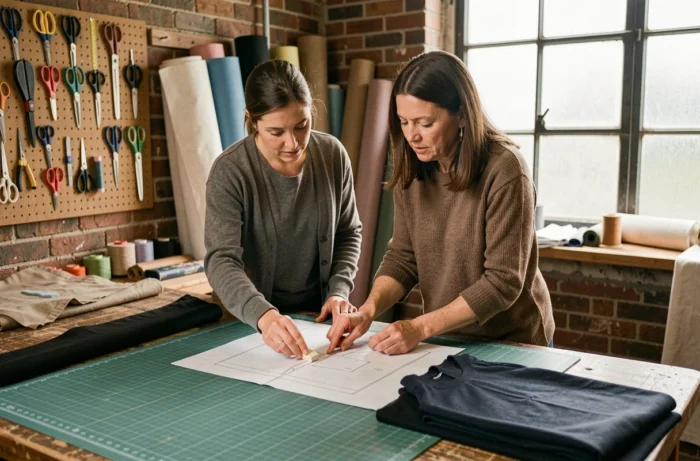 Deux couturières examinant un patron de couture dans un atelier artisanal, symbolisant le travail humain derrière la fabrication des vêtements de mode