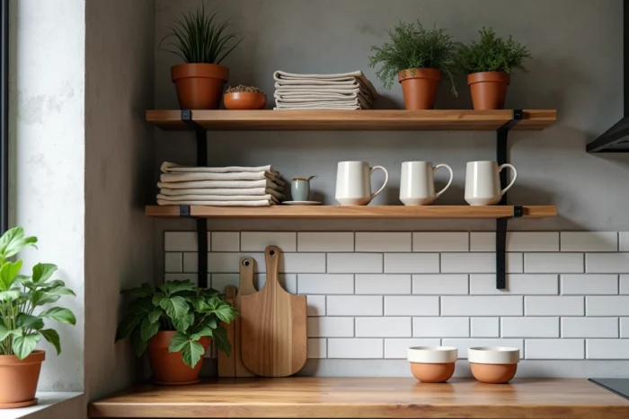 Coin cuisine contemporain avec étagères ouvertes en béton brut, céramiques artisanales et herbes aromatiques en pots pour une décoration maison inspirante