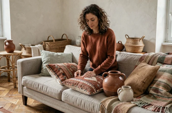 Femme arrangeant des coussins artisanaux tissés et des céramiques faites main dans un appartement parisien décoré avec soin