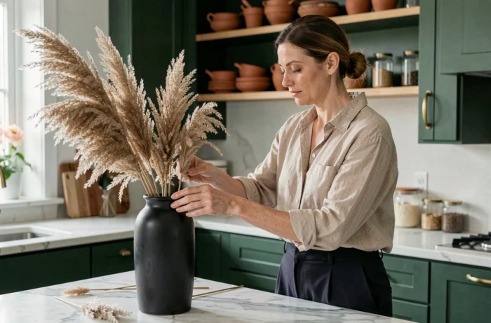 Femme arrangeant des fleurs séchées dans une cuisine moderne avec des armoires vert forêt et des accessoires en laiton pour une décoration intérieure élégante