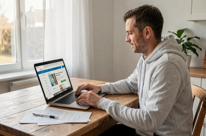Homme effectuant ses démarches de remboursement santé en ligne sur le site de l'Assurance Maladie depuis chez lui