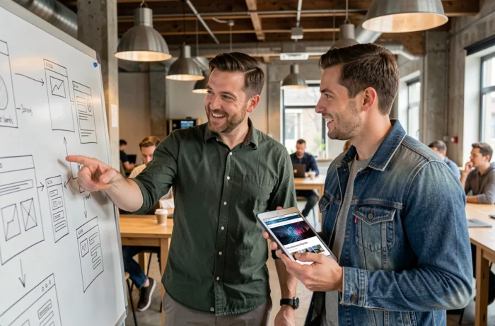 Deux passionnés de technologie discutant d'un projet web devant un tableau de travail dans un espace coworking