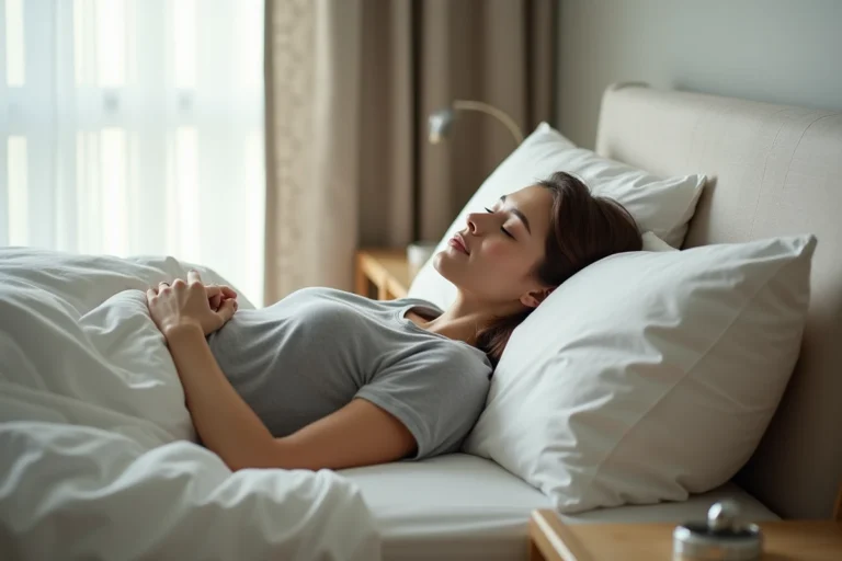 Femme dormant la tête orientée vers le nord dans une chambre moderne et apaisante, avec une boussole posée sur la table de nuit