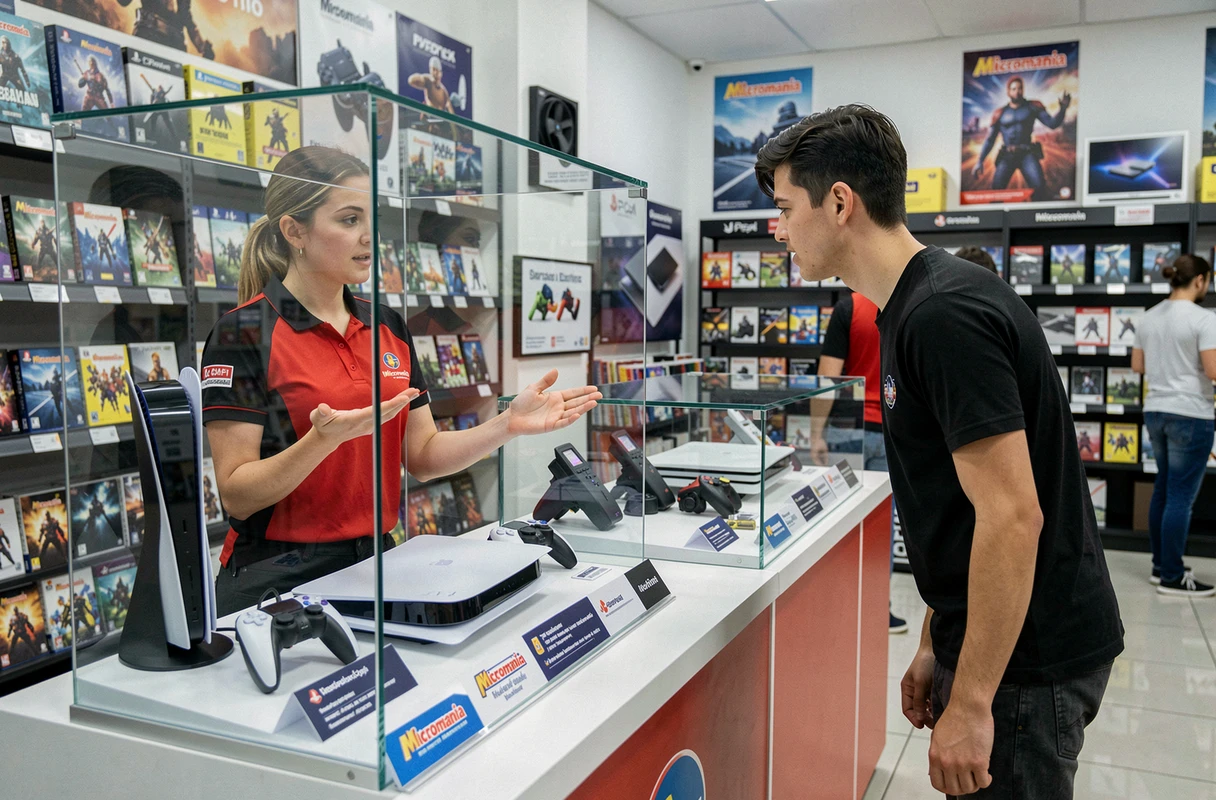 Employée de magasin Micromania présentant une console PS5 en location à un client devant un présentoir en verre
