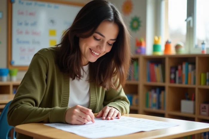 Enseignante de CE1 guidant un élève sur une fiche de fluence de lecture imprimée
