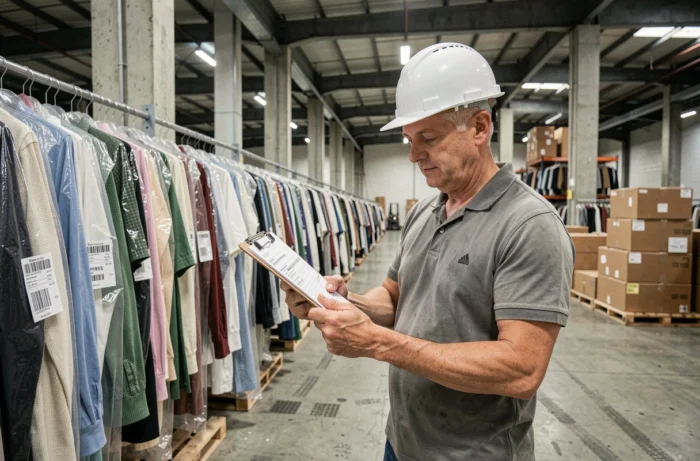 Responsable logistique dans un entrepôt textile inspectant des vêtements emballés, illustrant la chaîne d'approvisionnement de la mode rapide
