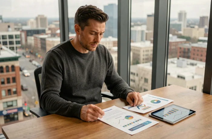 Entrepreneur consultant des rapports de tendances business depuis son bureau avec vue sur la ville
