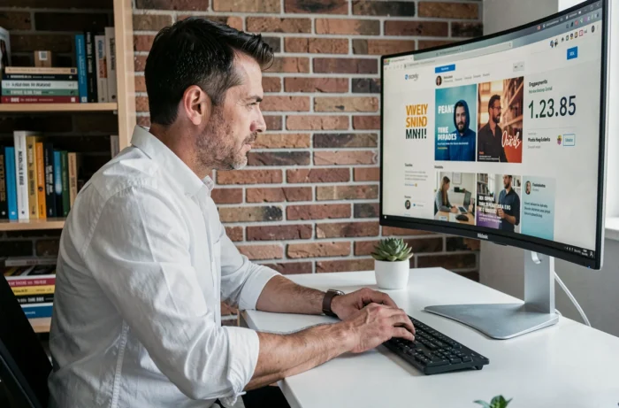 Entrepreneur masculin travaillant sur une campagne marketing réseaux sociaux dans un espace de co-working moderne