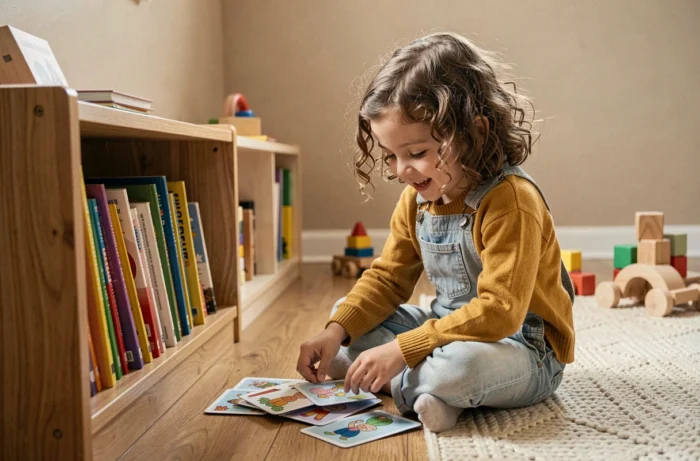 Jeune fille concentrée qui joue avec des cartes illustrées dans une chambre d'enfant chaleureuse et stimulante