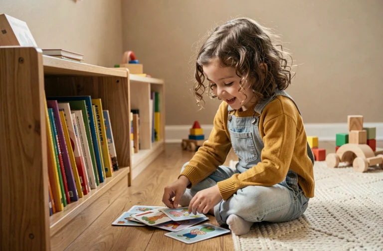 Jeune fille concentrée qui joue avec des cartes illustrées dans une chambre d'enfant chaleureuse et stimulante