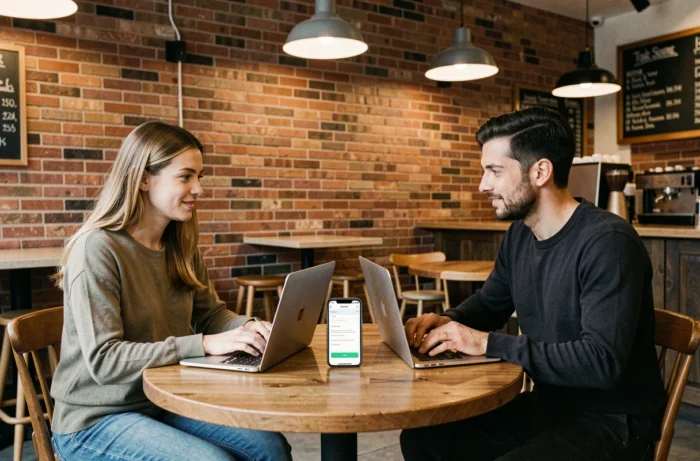 Deux personnes consultant un formulaire de contact d'un site éducatif sur leurs ordinateurs dans un café moderne