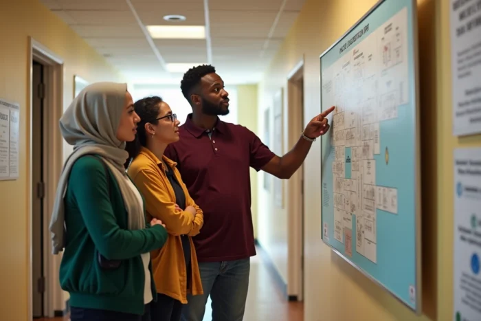 Équipe multiculturelle de trois adultes consultant un plan d'accessibilité dans un couloir de centre communautaire, symbolisant l'inclusion et la coopération entre personnes de diverses origines