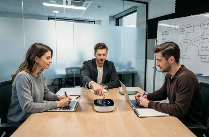 Équipe de professionnels en réunion discutant des nouvelles tendances et innovations du secteur vocal autour d'un hub connecté