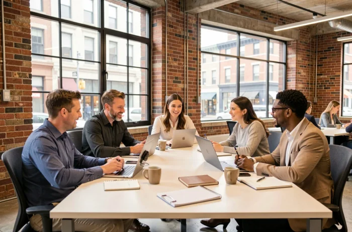 Équipe de professionnels en réunion stratégique dans un espace de coworking contemporain