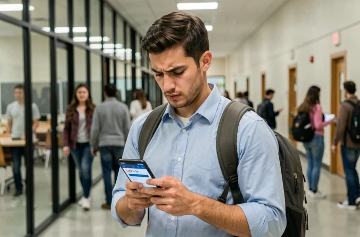 Étudiant accédant à son espace LEO UGA sur smartphone dans le couloir d'une université