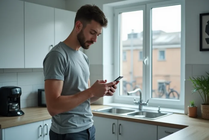 Jeune homme consultant le simulateur APL de la CAF sur son smartphone dans une cuisine de studio étudiant