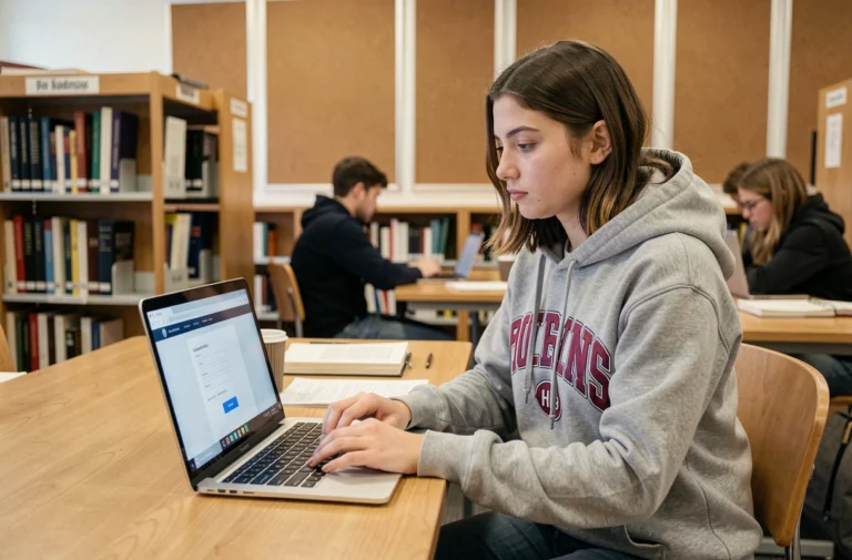 Étudiante connectée au portail LEO UGA sur son ordinateur portable dans une bibliothèque universitaire