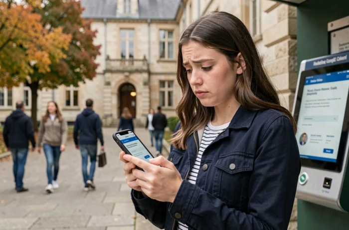 Étudiante consultant la procédure de récupération d'accès à la messagerie universitaire sur son smartphone en extérieur sur le campus