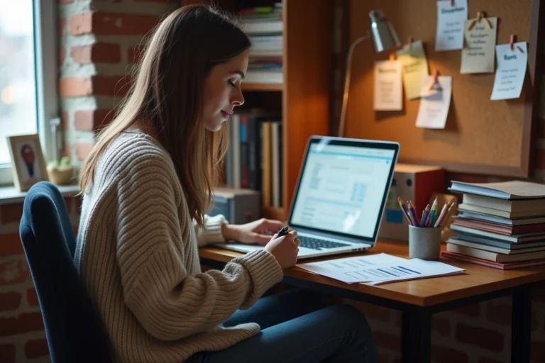 Étudiante calculant son loyer et simulant ses droits à l'APL sur un ordinateur portable dans son appartement étudiant