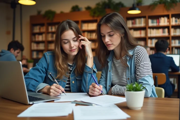 Deux étudiantes comparant leurs dossiers APL et astuces de loyer étudiant dans une bibliothèque universitaire