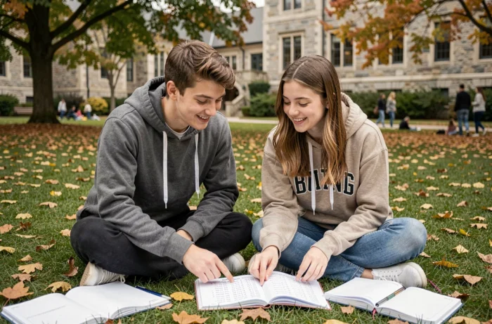 Deux étudiants travaillant ensemble sur la conjugaison du verbe partir dans un workbook de français en plein air