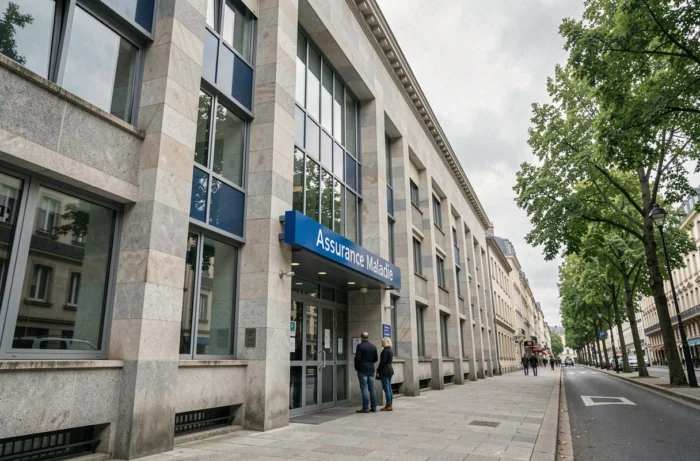 Façade extérieure d'une agence CPAM dans le nord de la France avec des usagers attendant devant l'entrée