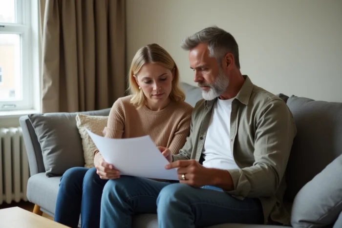 Deux adultes consultant les documents de remboursement du capital décès Agirc Arrco après un deuil familial