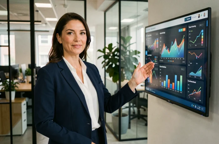 Femme d'affaires analysant des tendances business sur un tableau de bord numérique dans un bureau moderne