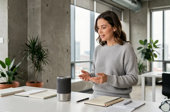 Femme utilisant un assistant vocal intelligent dans un bureau moderne ouvert avec des murs en béton et des fenêtres panoramiques