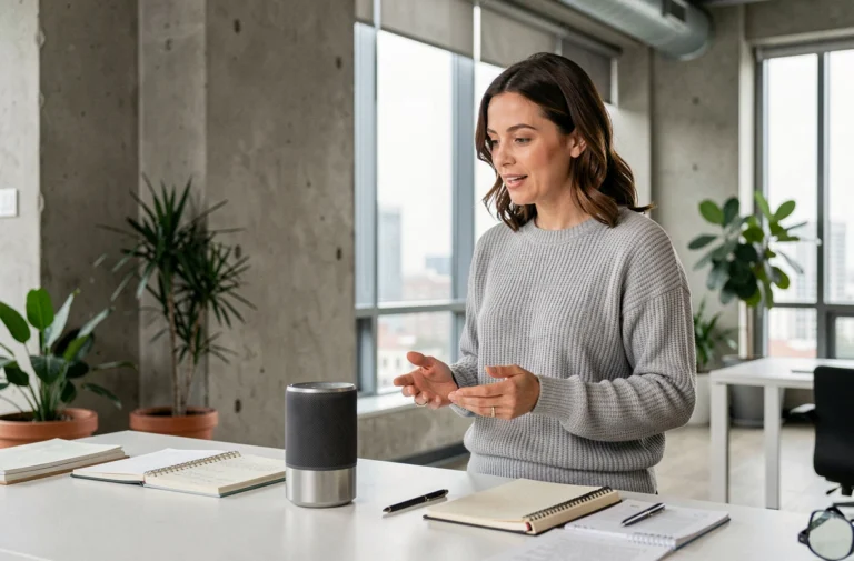Femme utilisant un assistant vocal intelligent dans un bureau moderne ouvert avec des murs en béton et des fenêtres panoramiques
