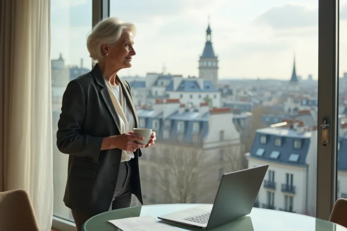 Femme cadre à la retraite dans un appartement parisien moderne contemplant sa retraite confortable
