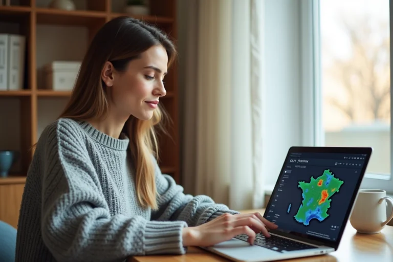 Femme consultant un site météo fiable sur son ordinateur portable depuis son bureau à domicile en France