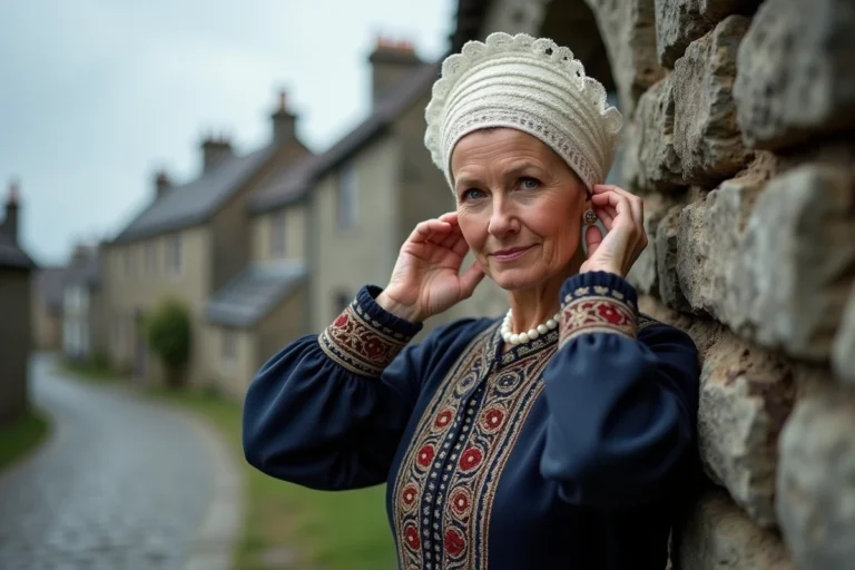 Femme bretonne en costume traditionnel avec coiffe en dentelle devant un mur en granit dans un village côtier de Bretagne