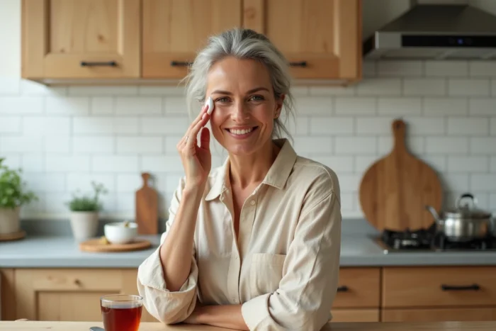 Femme d'une quarantaine d'années appliquant une crème hydratante dans sa cuisine, astuce beauté naturelle au quotidien