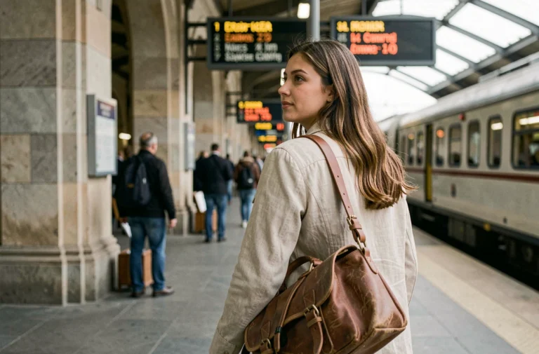 Jeune femme avec un sac de voyage sur l'épaule prête à partir depuis un quai de gare européen