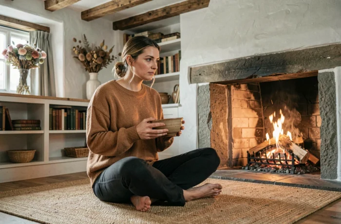 Femme détendue au coin du feu dans un chalet rustique, tenant un bol de thé et entourée d'étagères de livres vintage