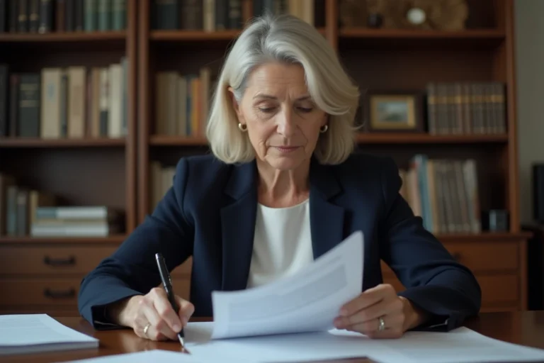 Femme mature consultant des documents administratifs liés au capital décès Agirc Arrco à son bureau